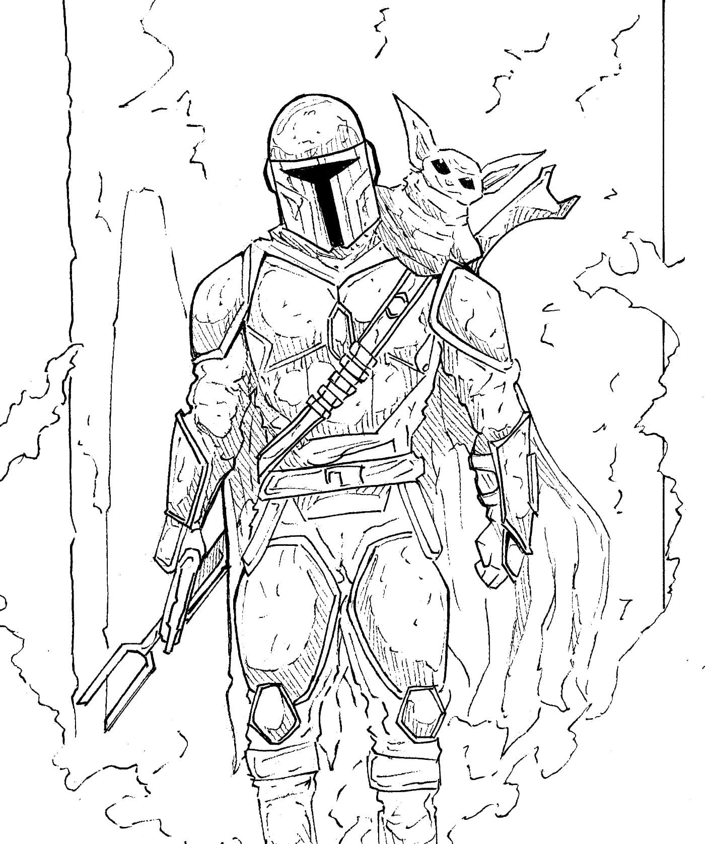 Mandalorian with Yoda Coloring Pages
