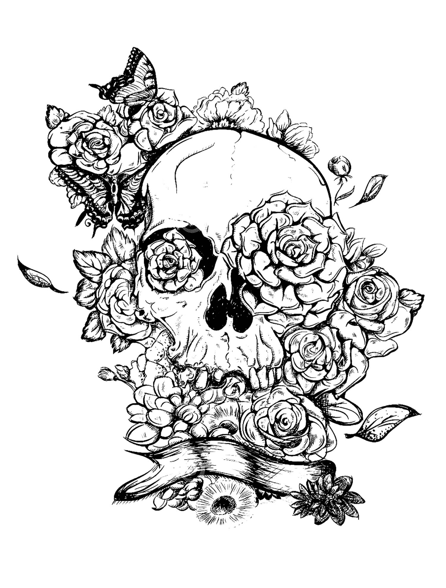 coloring pages skull and roses tatoo