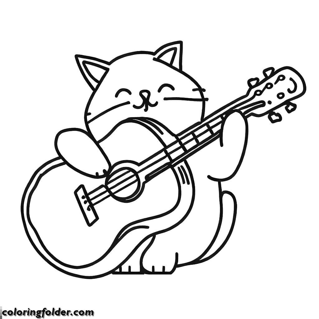 a cute cat playing acoustic guitar coloring pages