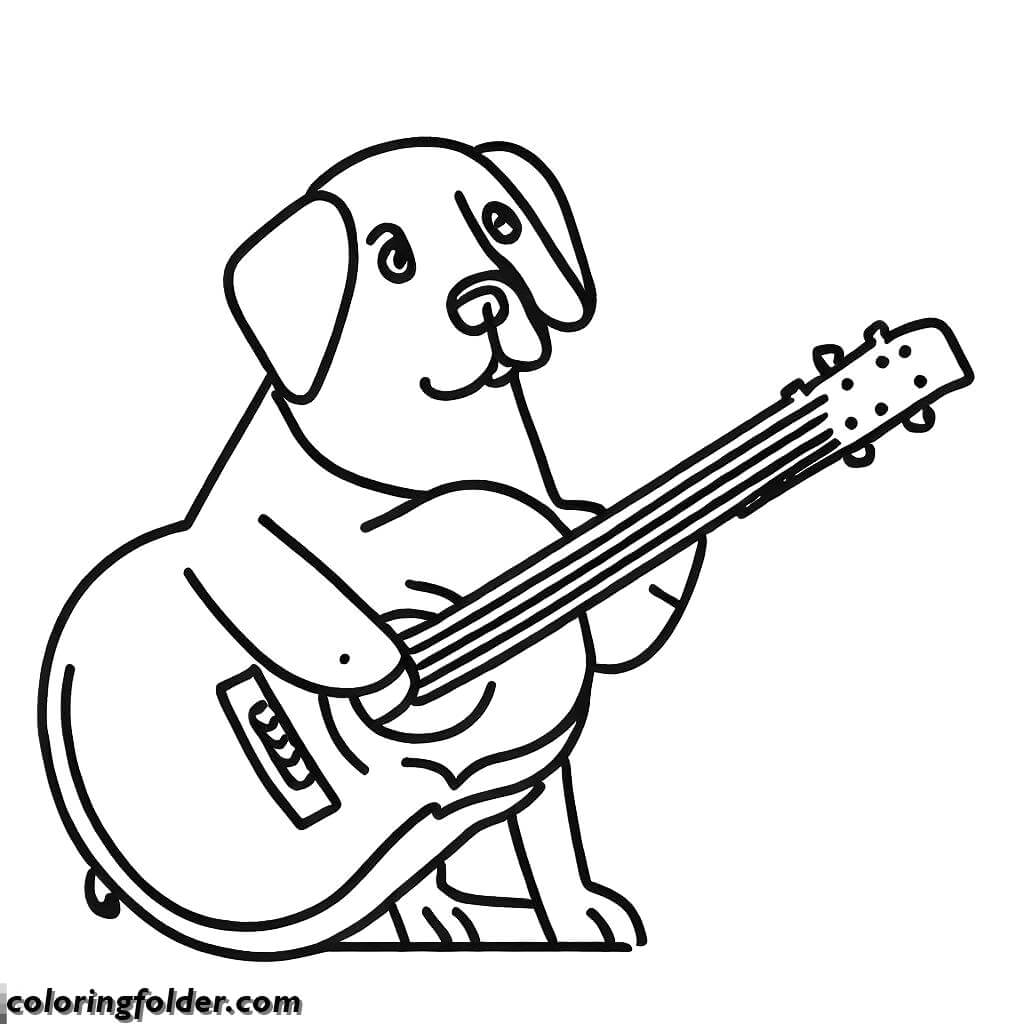 cute dog playing acoustic guitar coloring pages