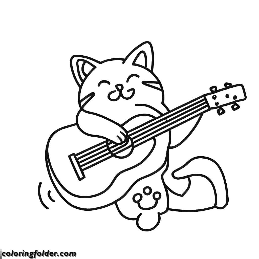 funny cat playing acoustic guitar coloring pages