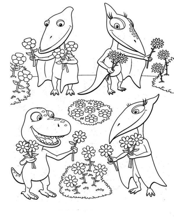 All Dinosaurus Train Characters Pick Flowers Coloring Page Coloring Sun