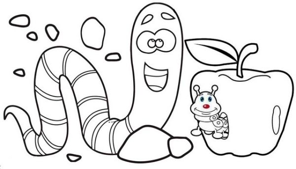 Amazing Worms on the soil and in the apple coloring page