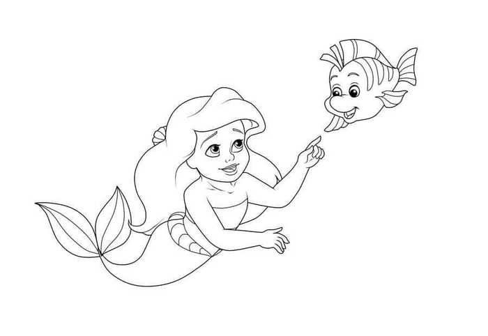 Baby Ariel With Flounder Coloring Page