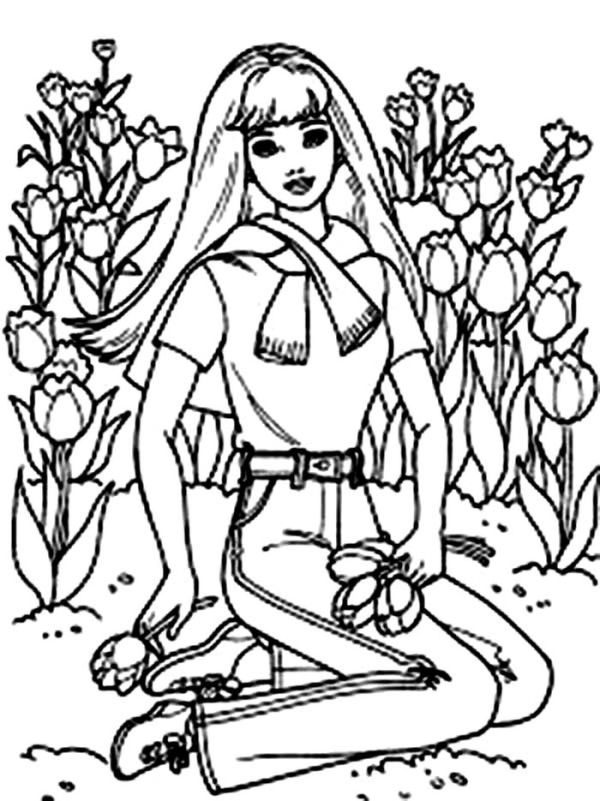 Barbie Doll At Flower Garden Coloring Page Coloring Sun