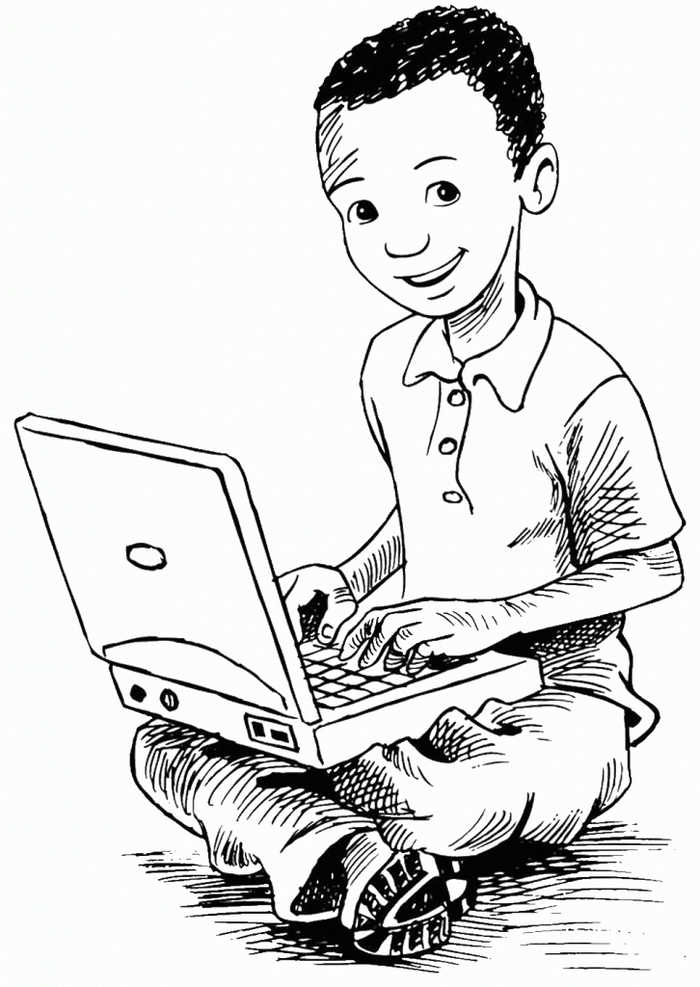 Boy With Laptop Computer Coloring Page