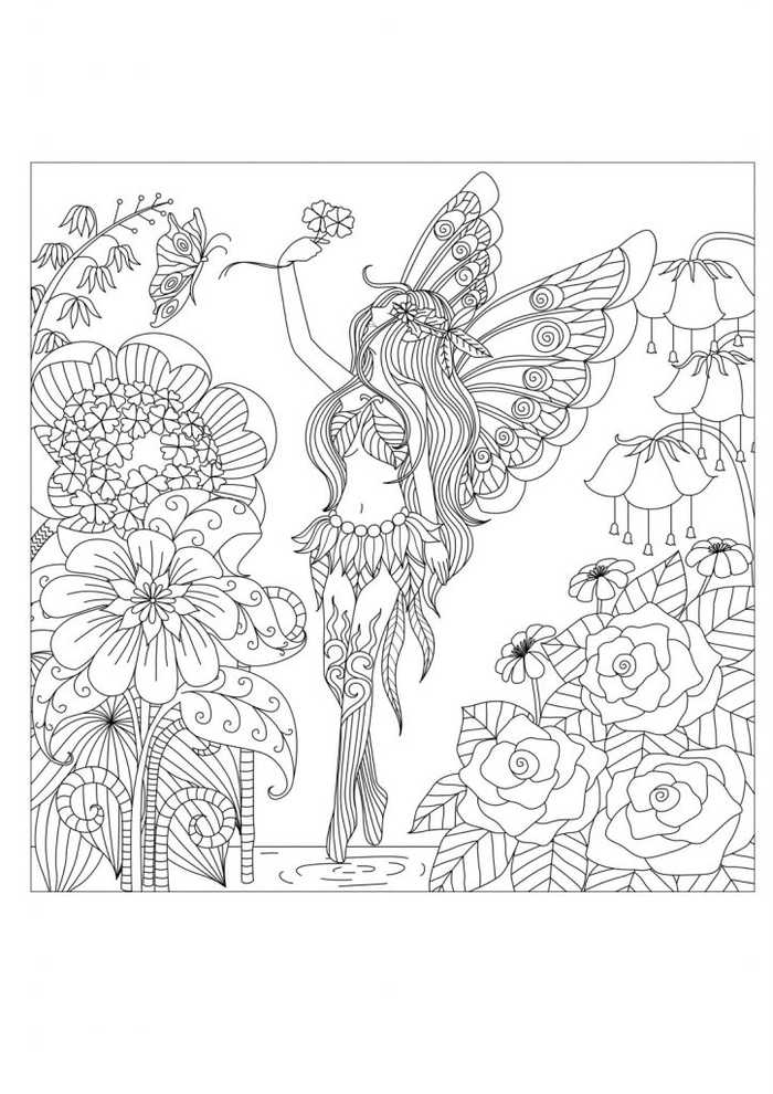 Butterfly Elf Among Flowers Adult Coloring