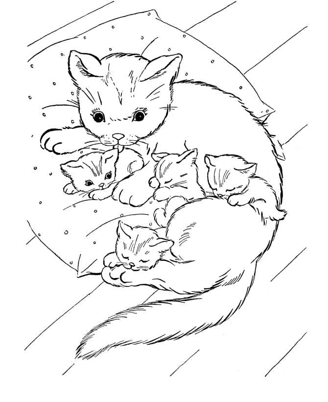 Cat With Kittens Animal Coloring Pages