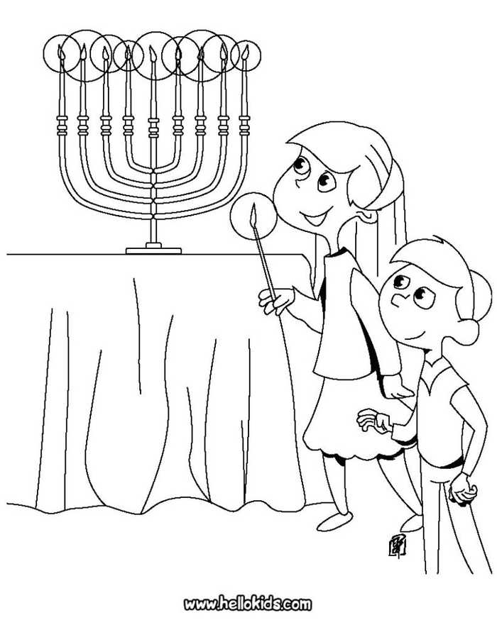 Children Lighting Menorah For Hanukkah Coloring Page
