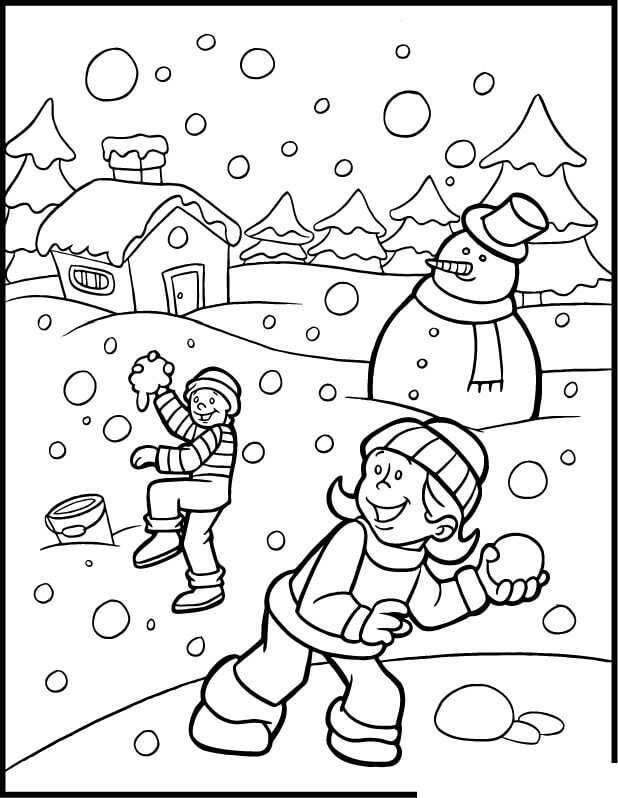 Children Playing Snow Fight Coloring Page