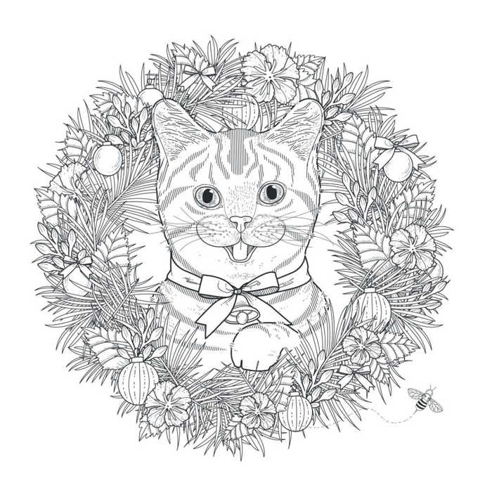 Christmas Cat Wreath Coloring Page