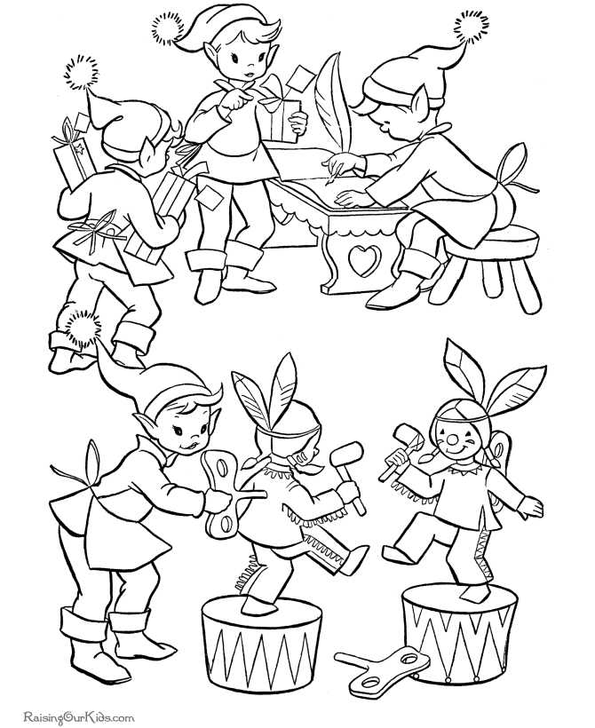 Christmas Elves Working Coloring Page