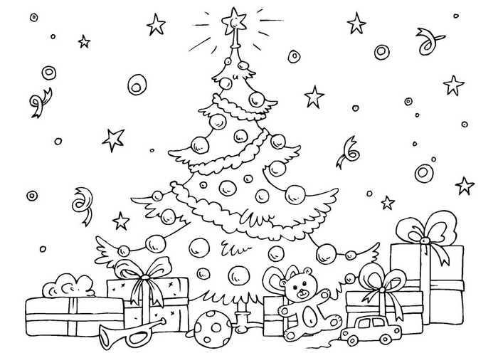 Christmas Tree Scene With Ornaments And Presents Coloring Page