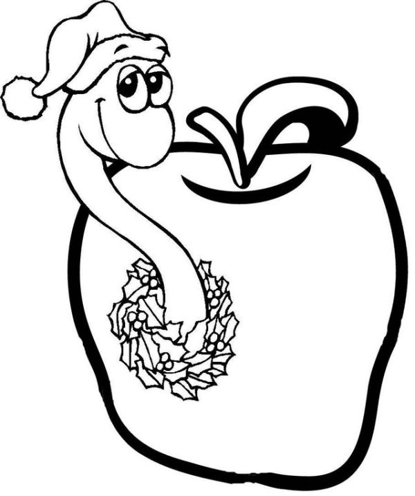 Christmas Worms in Apple Coloring Page