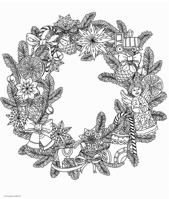 Christmas Wreath Ornaments Coloring Page For Adults 1