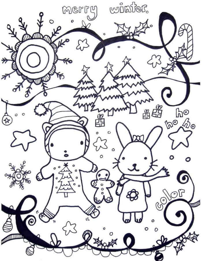Cute Animals Saying Merry Winter Coloring Page