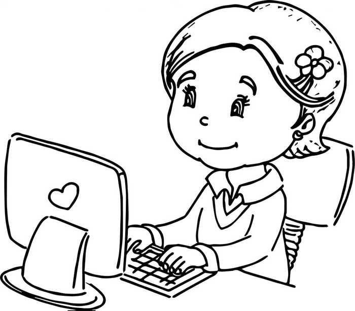Cute Child On Computer Coloring Page