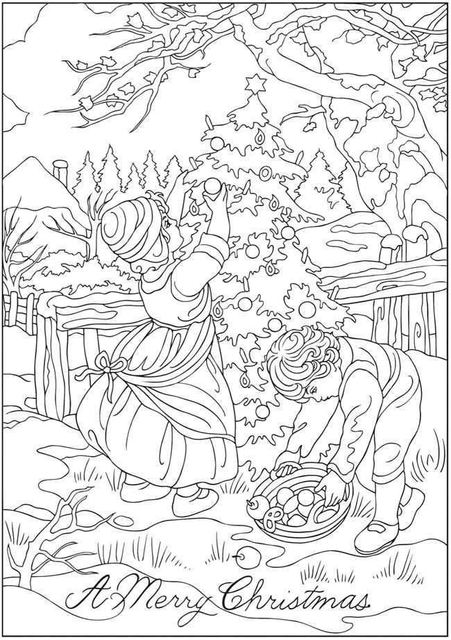 Decorating Christmas Tree Coloring Page For Adults