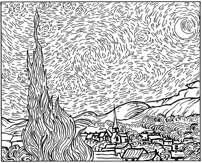 Detailed Starry Night Van Gogh Coloring Pages