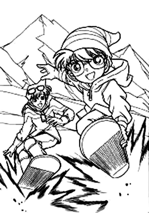 Detective Conan And Ran Snowboarding Coloring Page Coloring Sun