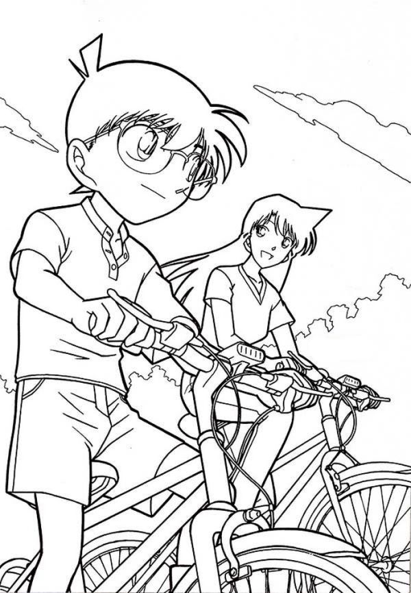 Detective Conan Ride Bike With Ran Coloring Page Coloring Sun