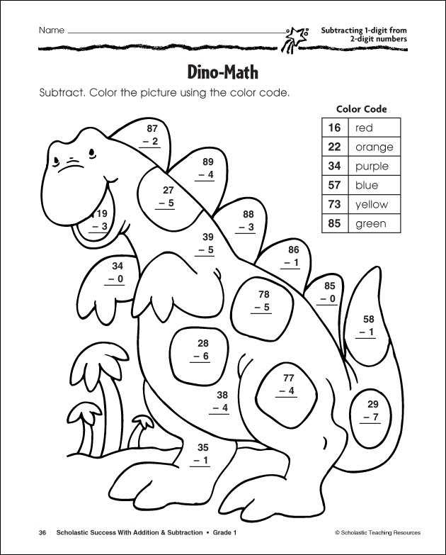 Dino Math Subtraction Color By Number