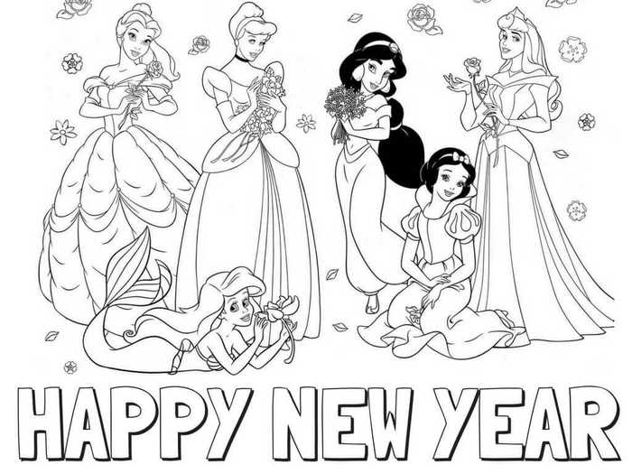 Disney Princesses New Year Coloring Page