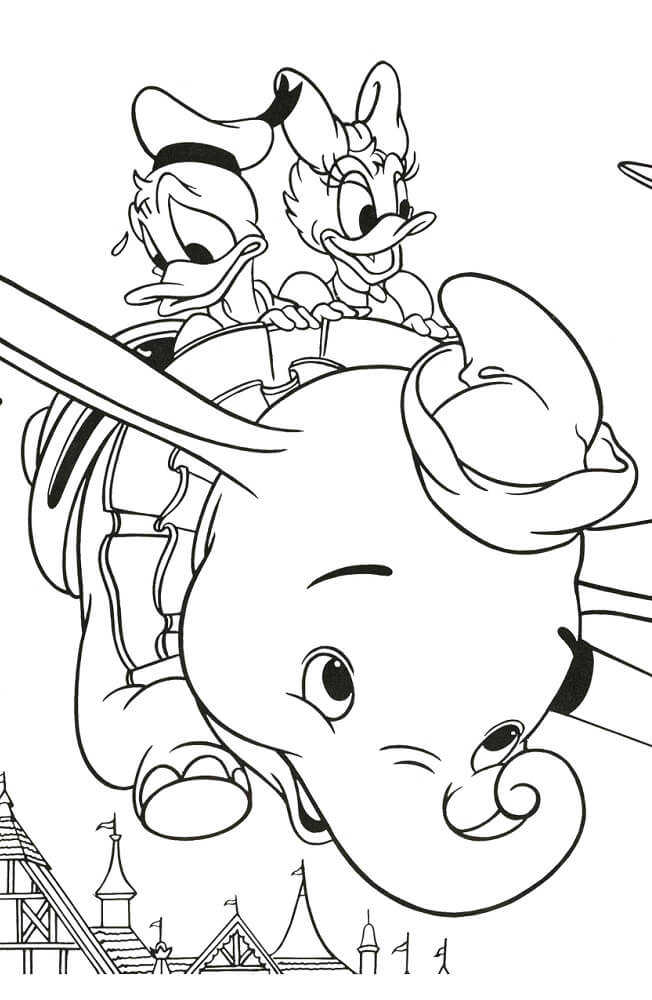 Donald And Daisy Duck With Dumbo Coloring Page