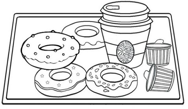 Donut and coffee cup on wooden tray coloring page