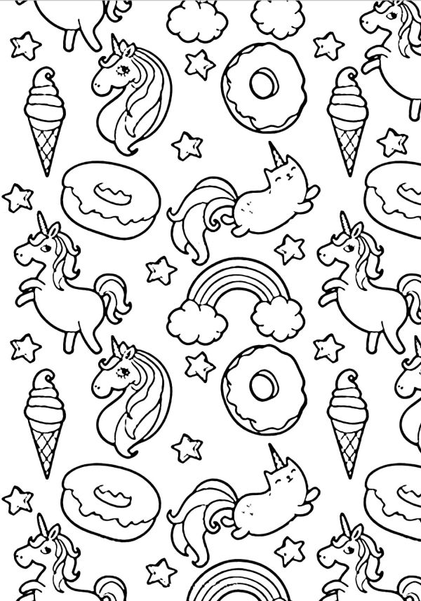 Donuts Unicorns and Rainbows Coloring Page