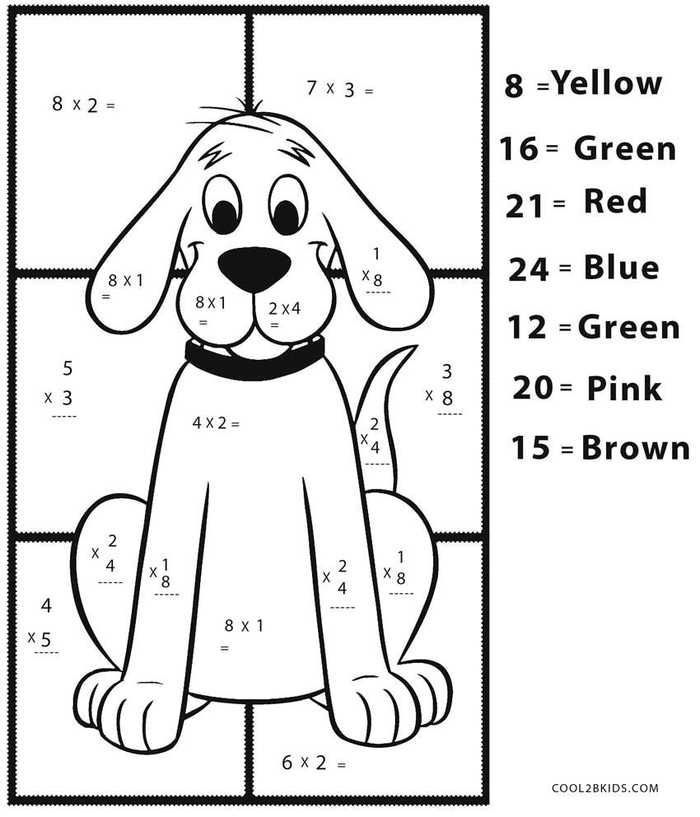 Easy Dog Color By Number Multiplication Math Sheet