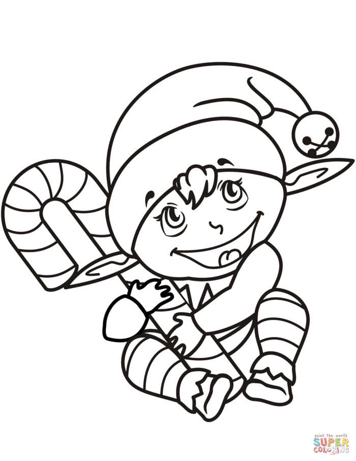 Elf With Candy Cane Coloring Pages 1