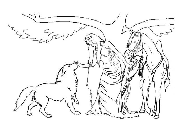 Elf With Wolf And Horse Fantasy Coloring Page