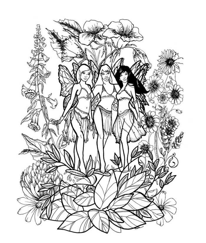 Fairies In The Flowers Coloring Page Free