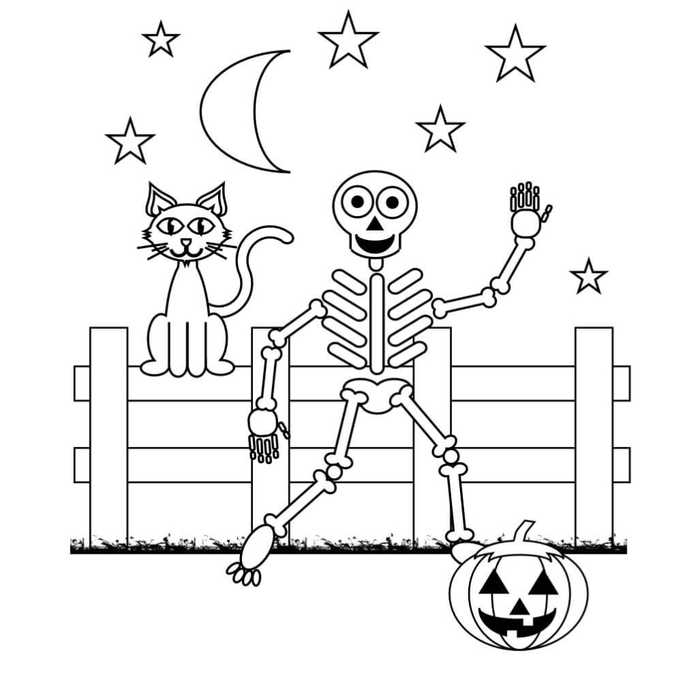 Funny Skeleton and Cat Halloween Coloring Pages