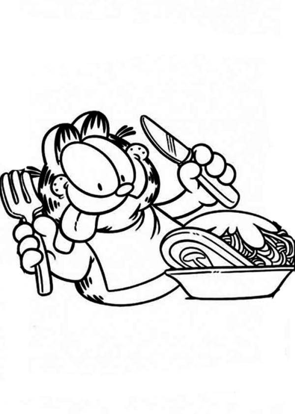 Garfield Use Fork And Knife For Breakfast Coloring Page Coloring Sun