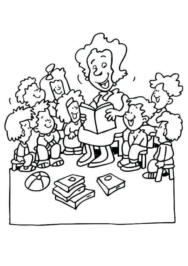 Giggling Teacher And Students Coloring Page