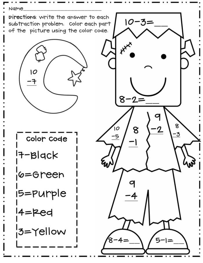 Halloween Subtraction Color By Number Worksheets