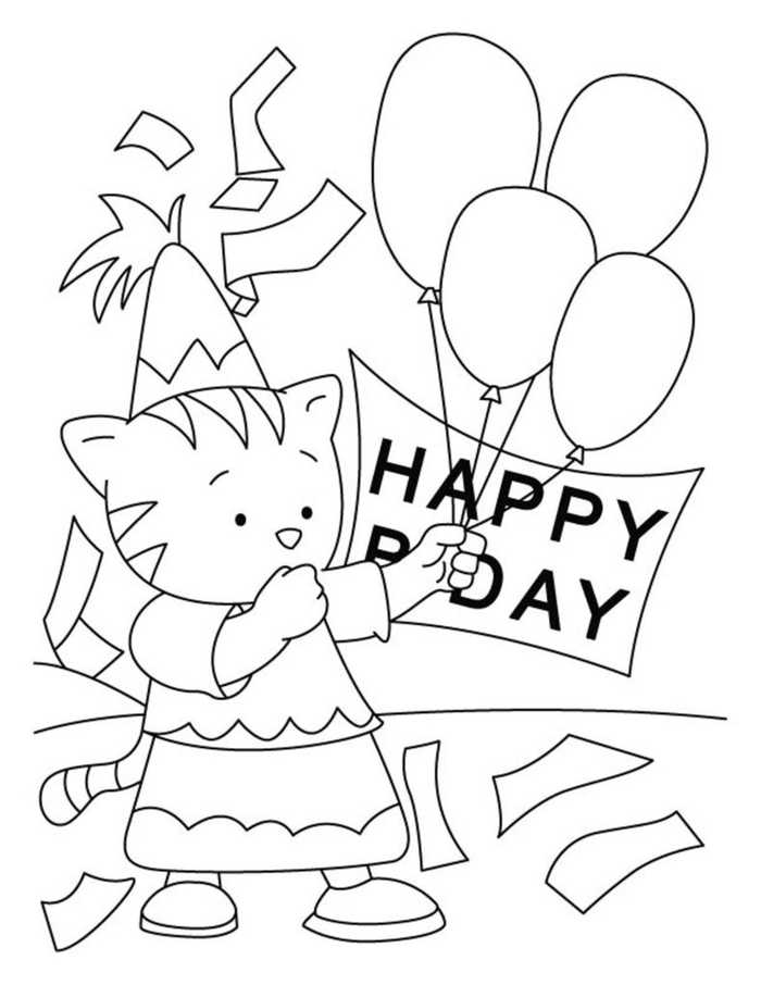 Happy Birthday Cat Coloring Pages