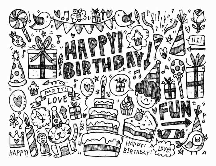 Happy Birthday Doodle Coloring Page