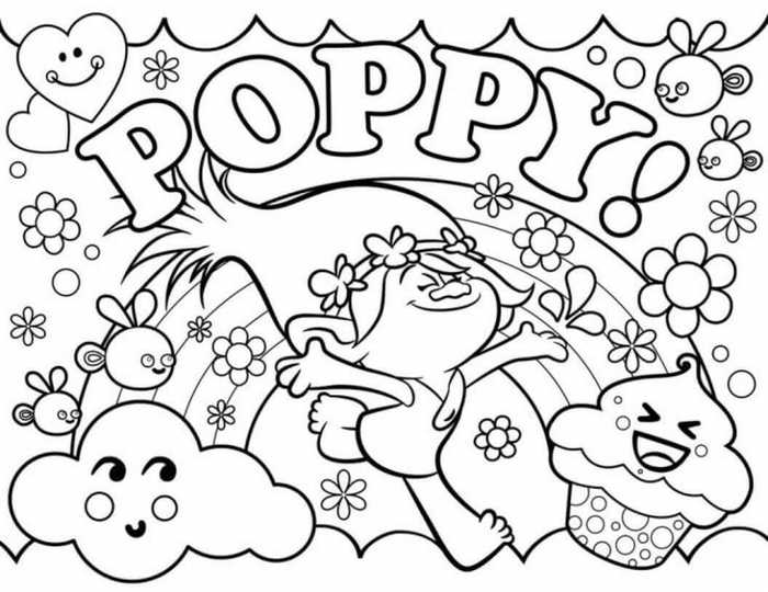 Happy Poppy Trolls Coloring Page
