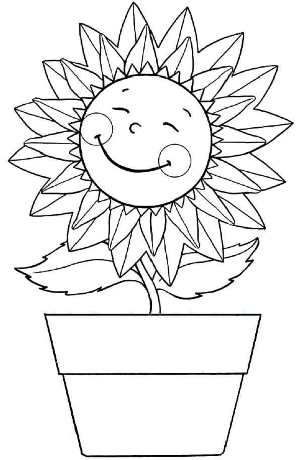 Happy Sunflower in a pot coloring page