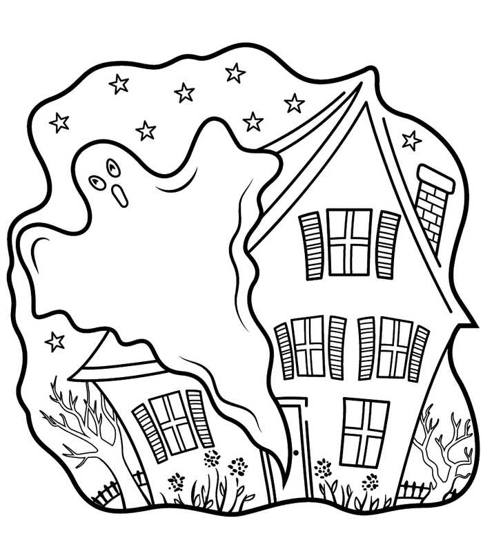 Haunted House And Ghost Coloring Page