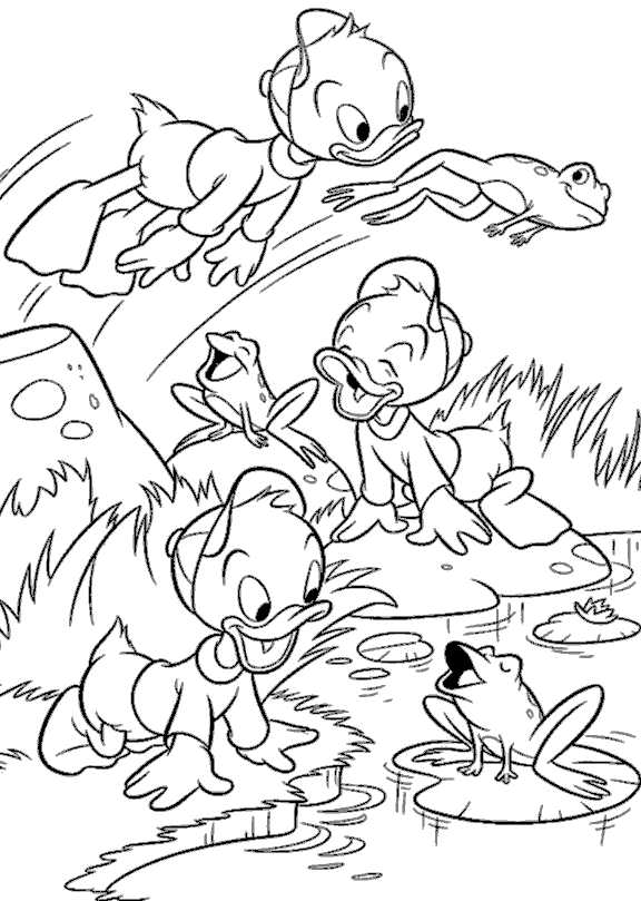 Huey Dewey Louie Playing In The Pond Coloring Page