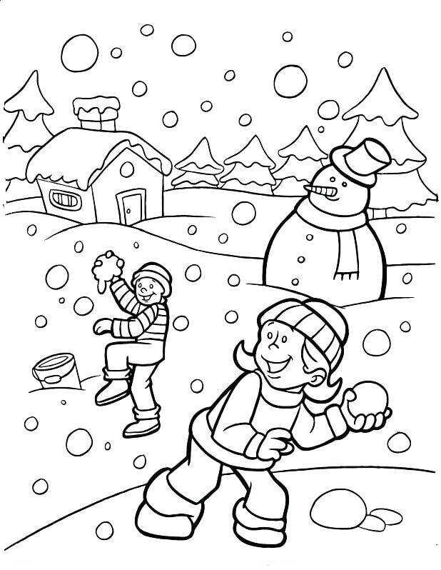 January Coloring Page Children Playing Snow