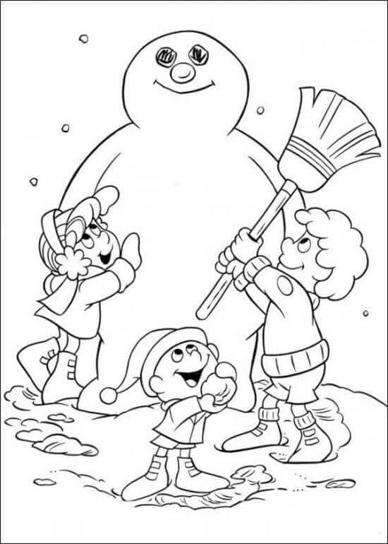 Kids Making Frosty Snowman Coloring Picture