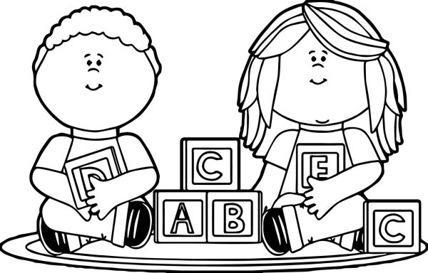 Kids Playing ABC Blocks Toys Coloring Page