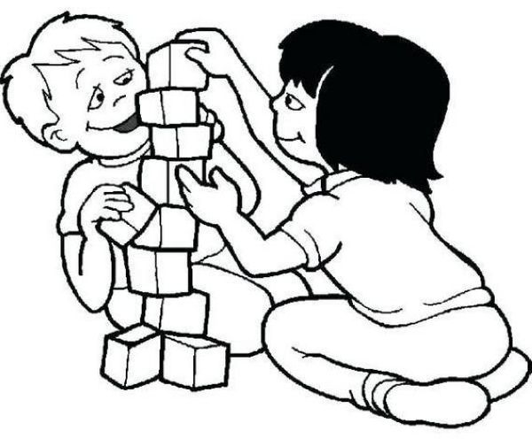 Kids Playing Blocks Coloring Page Printable