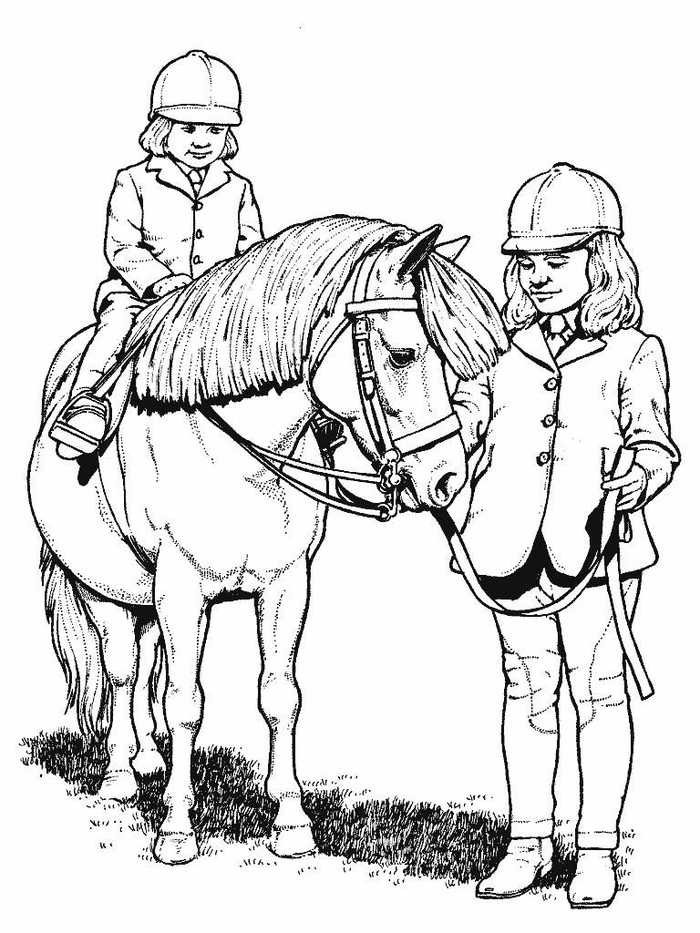 Kids With Horse Coloring Page