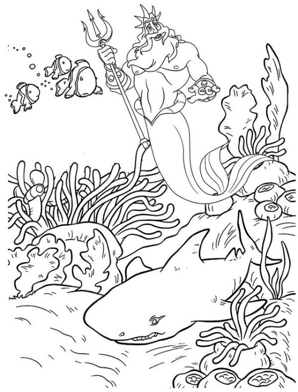 King Triton and Beautiful Coral Reef Coloring Page